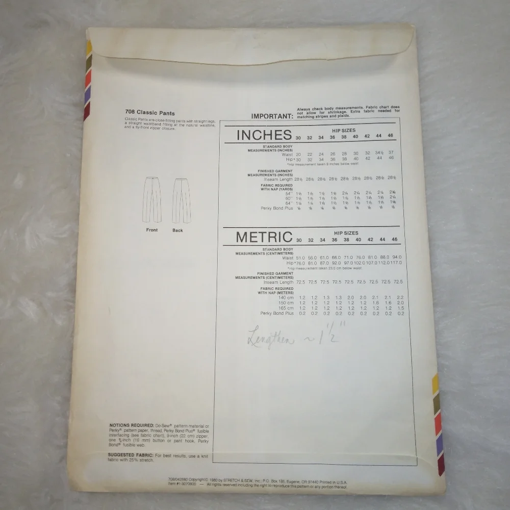 STRETCH & SEW 708 Classic Pants Hip Size 30-32-34-36-38-40-42-44-46 inch…